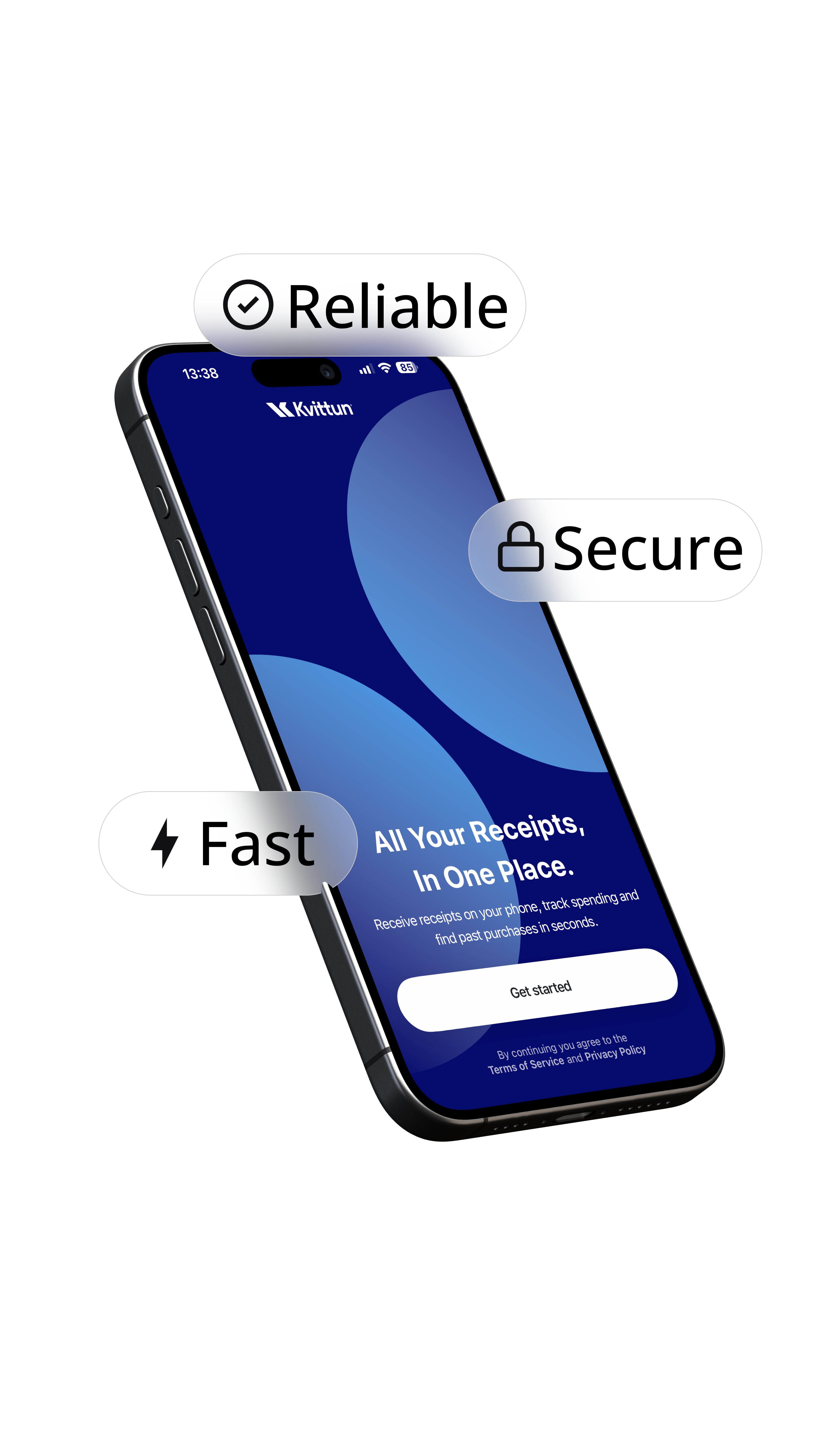 Kvittun app on an iPhone surrounded by Fast, Secure and Reliable badges